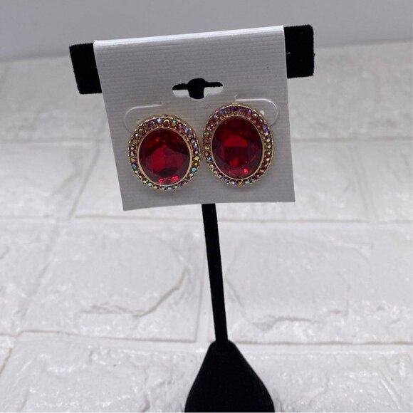 Womens Fashion Red Rhinestone Oval Post Earrings Gold Plated Multicolor Accents - Picture 6 of 6